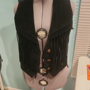 Black Suede Fringe Vest with Buttons